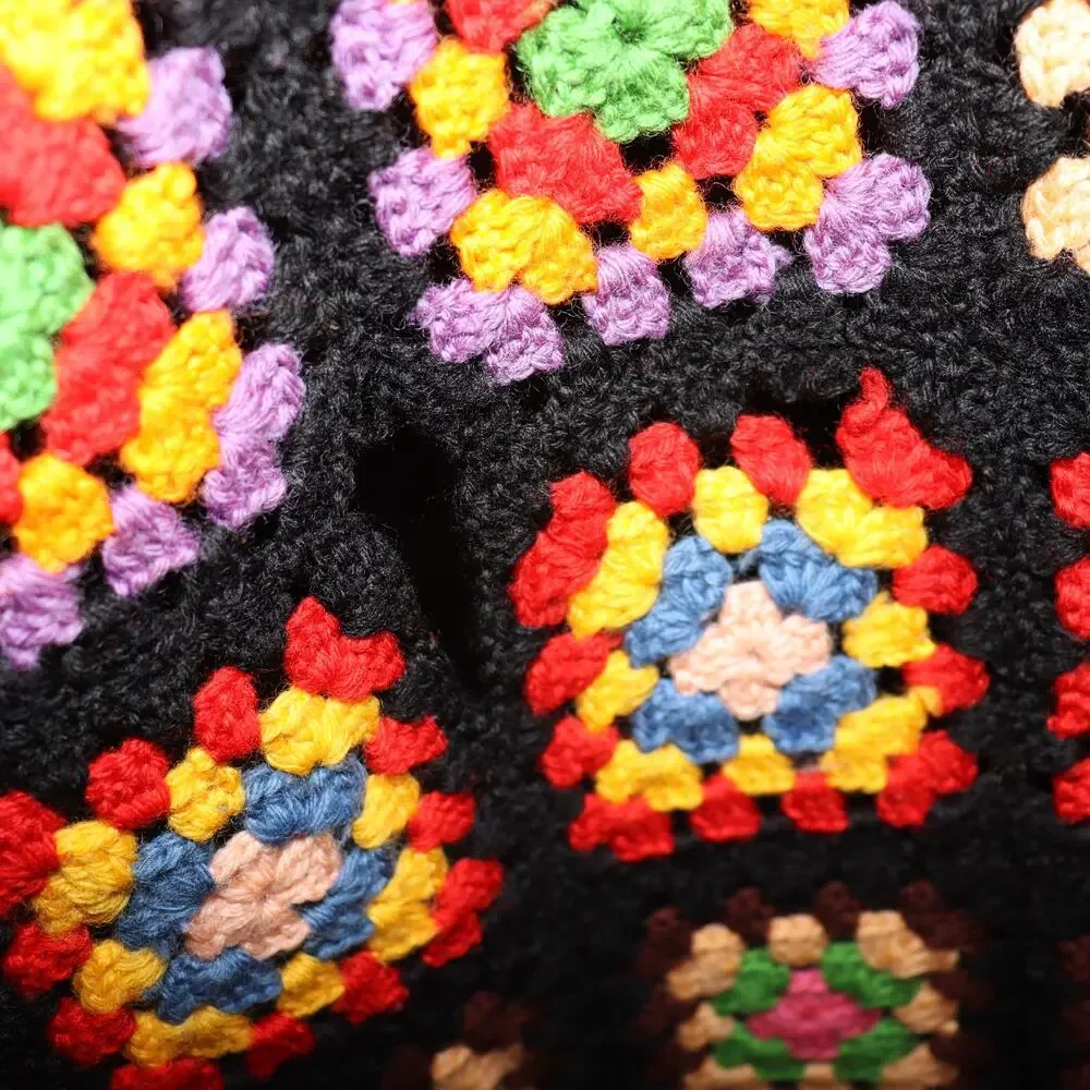 Vintage Granny‎ Square Crochet Blanket 60x50 Black Multicolor